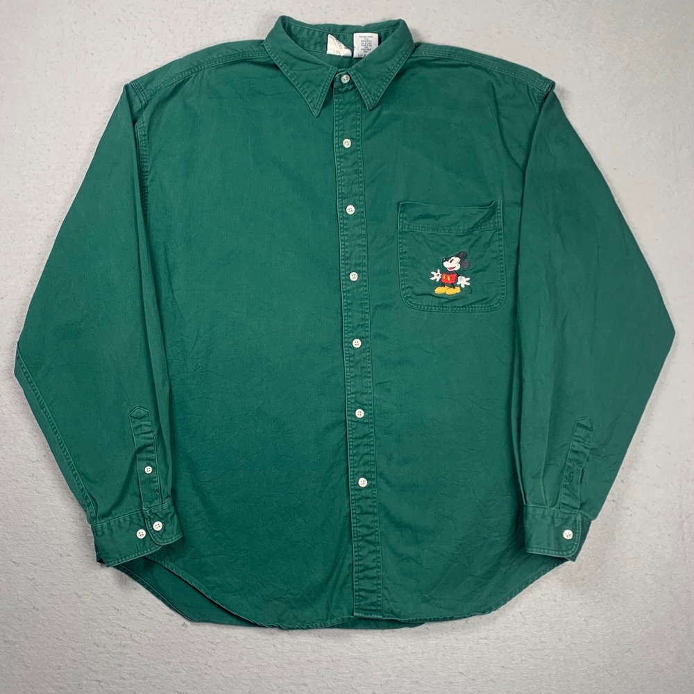 Vintage Disney Store Button Down Shirt Mens XL Green Mickey Mouse Embroidered